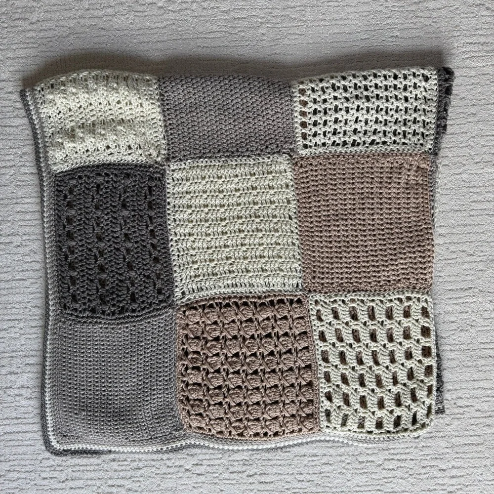Handmade‎ Crochet Patchwork Blanket Neutral Taupe Grey Cream Throw 62x55 Soft
